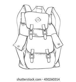 Hand drawn sketch single outline backpack isolated on white background