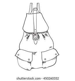 Hand drawn sketch single outline backpack isolated on white background
