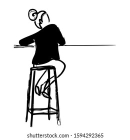 Hand drawn sketch of a single young woman sitting on a high chair in bar or cafe. Girl with a bunch on the head drinking, reading or writing. Simple graphic drawing in black, isolated silhouette