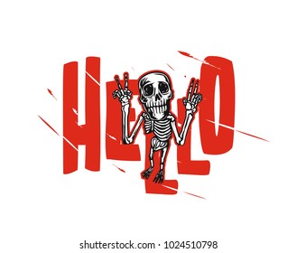 Hand drawn sketch of skeleton, posing, t shirt print, vector illustration