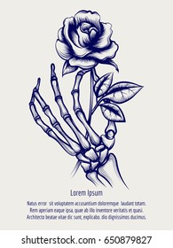 Hand drawn sketch of skeleton hand with rose flower. Vector illustration