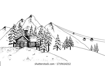 スキー場の手描きのスケッチ ベクター山 かわいい木の家 森の冬の風景イラスト スキーやスノーボードのスポーツを楽しむためのホリデーハット 白い背景にインク描画 のベクター画像素材 ロイヤリティフリー Shutterstock
