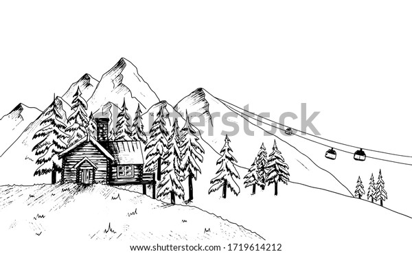 スキー場の手描きのスケッチ ベクター山 かわいい木の家 森の冬の風景イラスト スキーやスノーボードのスポーツを楽しむためのホリデーハット 白い背景にインク描画 のベクター画像素材 ロイヤリティフリー