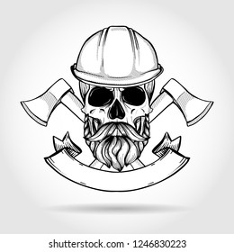 Hand drawn sketch, skull with axes