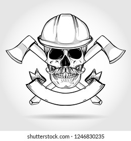 Hand drawn sketch, skull with axes