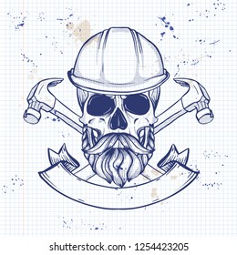 Hand drawn sketch, skull with axes
