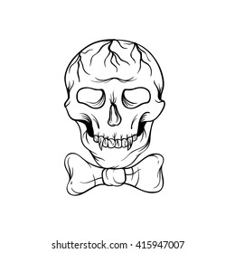 Hand drawn sketch skull with bow tie isolated on a white background. Tattoo illustration - stock vector