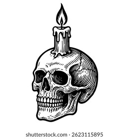 Hand drawn sketch of a skull with a candle. Anatomical engraving, vintage vector illustration.