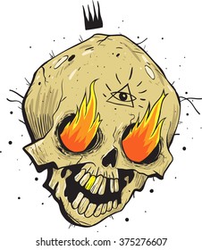 Hand drawn sketch skull. Cartoon illustration. Burning  eyeball. Tattoo style.