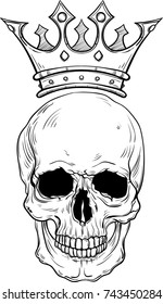 Hand drawn sketch skull with crown tattoo line art. Vintage vector illustration isolated on background.