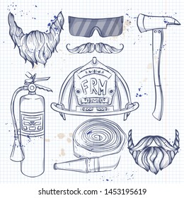 Hand drawn sketch, skull with fareman attributes on a notebook page
