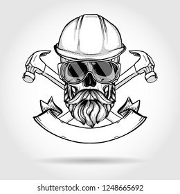 Hand drawn sketch, skull with helmet, hammers and mustaches
