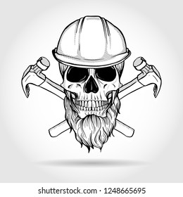 Hand drawn sketch, skull with helmet, hammers, mustaches, beard and glasses