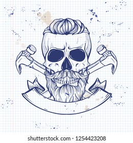 Hand drawn sketch, skull with helmet, hammers and beard on a notebook page