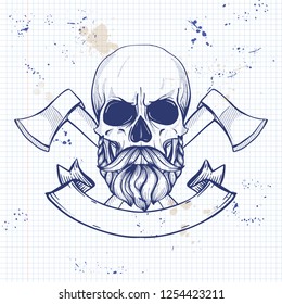 Hand drawn sketch, skull with helmet, axes, mustaches and beard on a notebook page