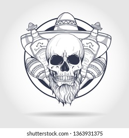 Hand drawn sketch, skull with maracas, sombrero, beard and tequila bottle