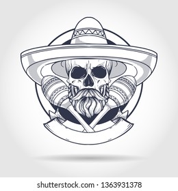 Hand drawn sketch, skull with maracas, sombrero, beard and mustaches