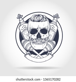Hand drawn sketch, skull with maracas, mustaches and tequila bottle