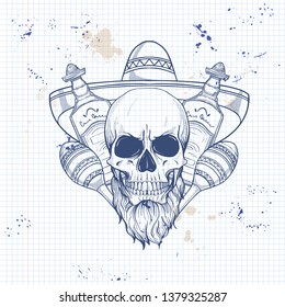 Hand drawn sketch, skull with maracas, sombrero, beard and tequila bottle on notebook page