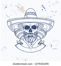 Hand drawn sketch, skull with maracas, sombrero, beard and mustaches on notebook page