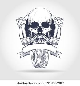 Hand drawn sketch, skull with piston and wheel, beard and mustaches
