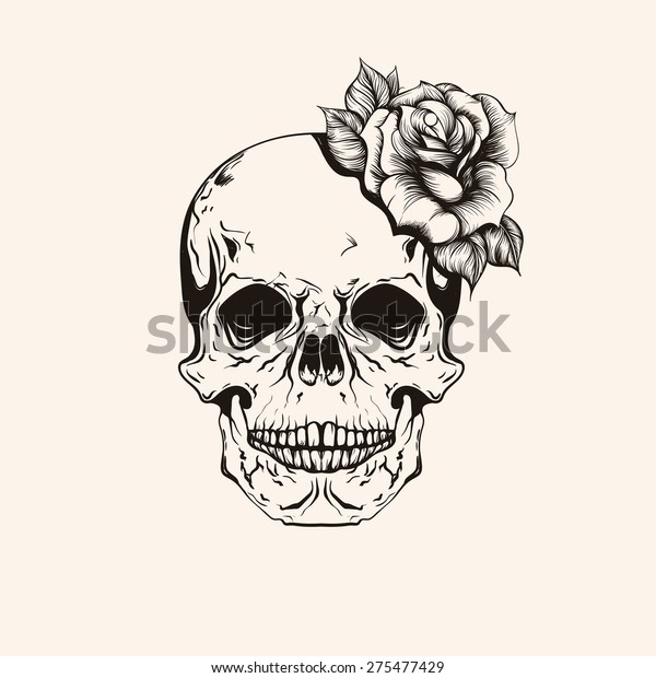 Hand drawn sketch\
skull with rose tattoo line art. Vintage vector illustration\
isolated on background. 