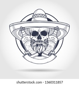 Hand drawn sketch, skull with sombrero, beard and mustaches and tequila bottle