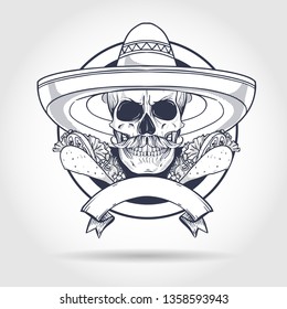 Hand drawn sketch, skull with taco, sombrero and mustaches