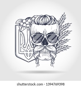 Hand drawn sketch, skull with Ukrainian emblem, mustaches, branches of viburnum, spikes of wheat, sunglasses. Poster, flyer design