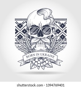 Hand drawn sketch, skull with Ukrainian embroidery pattern, mustaches, spikes of wheat, branch of viburnum, sunglasses. Poster, flyer design