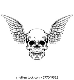 Hand drawn sketch skull with wings, tattoos line art or print for t-shitr and invitation. Vintage vector illustration isolated on white background.