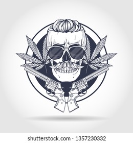 Hand drawn sketch, skull with, mustaches, hemp leaf, revolver and sunglasses