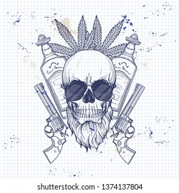 Hand drawn sketch, skull with, beard, hemp leaf, revolver and sunglasses on notebook page