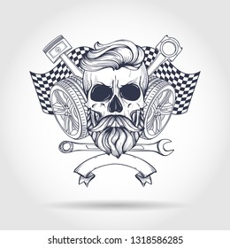 Hand drawn sketch, skull with wrench, piston, wheel, finish flag and beard and mustaches