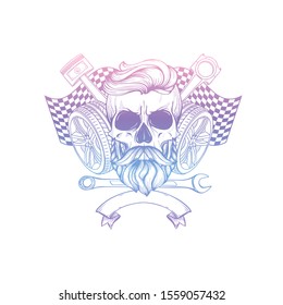 Hand drawn sketch, skull with wrench