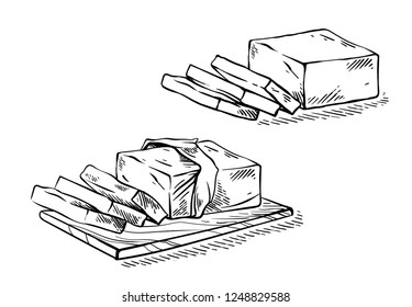 Hand Drawn Sketch Slice Of Butter On The Wooden Broad Vector Illustration