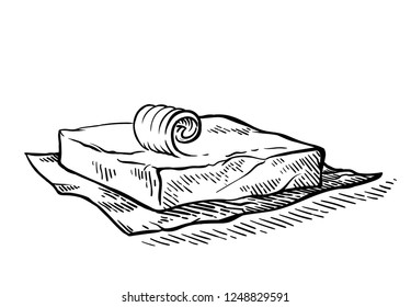 Hand drawn sketch slice of butter on the wooden broad vector illustration