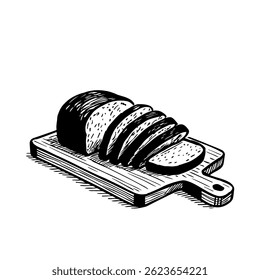 Hand drawn sketch of sliced bread. Fresh bread on a kitchen board. Vector
