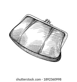 Hand drawn sketch of small woman purse for money on a white background. Wallet, money purse, money pocket. 