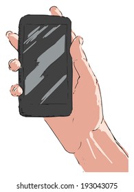hand drawn, sketch of hand with smartphone