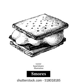 Hand drawn sketch smores wafer crackers with melted marshmallows and chocolate. Vector black and white vintage illustration. Isolated object on white background. Menu design