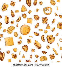 Hand drawn sketch snack pattern. Vector doodle junk food on white background. Seamless texture with nuts and crackers