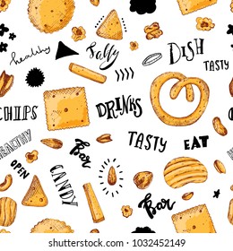 Hand drawn sketch snack pattern. Vector doodle junk food on dark chalkboard background with lettering. Seamless texture with nuts and crackers