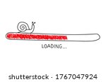 Hand drawn sketch snail with progress loading bar in doodle style. Slow internet concept. Vector illustration on white background.