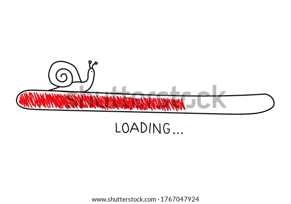Hand drawn sketch snail with progress loading\
bar in doodle style. Slow internet concept. Vector illustration on\
white background.