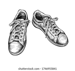 Hand drawn sketch of sneakers Isolated on a white background.  Concept of comfort sport shoes in modern casual style. Side view. Vector illustration