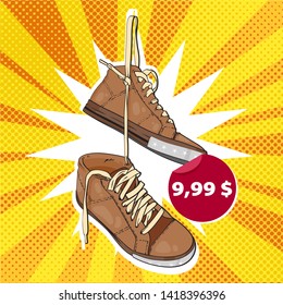 Esbozo dibujado a mano de zapatillas con precio, ilustración vectorial aislada en el fondo de arte pop de cómics con luces y puntos 