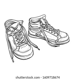 Hand drawn sketch sneakers. Vector illustration. A pair of sports shoes, a contour line art isolated on a white background.