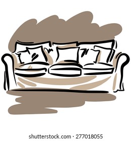 Hand Drawn Sketch With Soft Nice Couch And Pillows On The White Background.