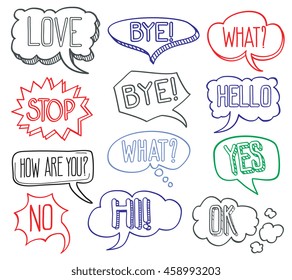 Hand drawn sketch speech bubbles clouds with different messages. Set of hand drawn comic bubble design elements. Vector illustration